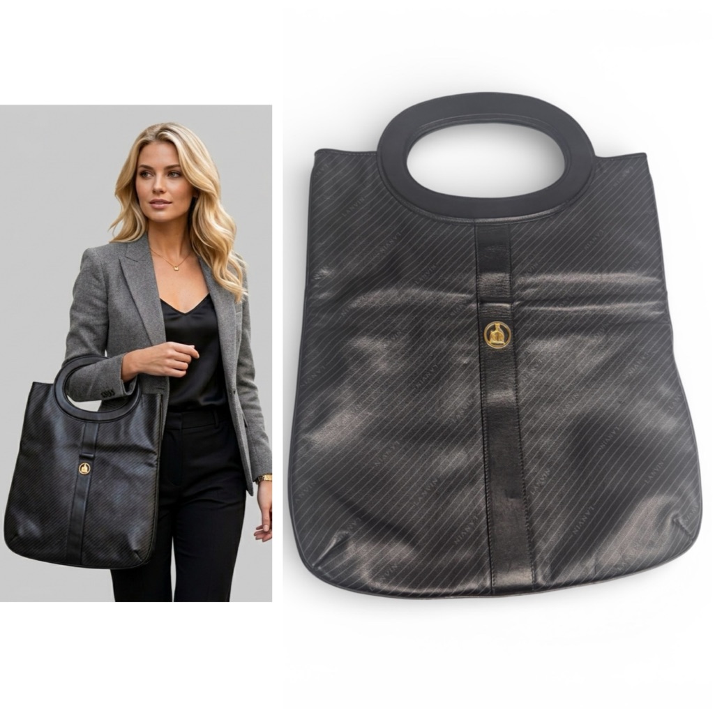 Lanvin Paris Vintage 80s Leather Pinstripe Tote Satchel Bag Black Gold Monogram
